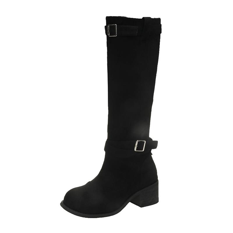 Belt Buckle Pleated Stacked Boots Women New Retro Chunky Heel Thick Bottom Mid-calf Boots Street Fashion Western Cowboy Botas