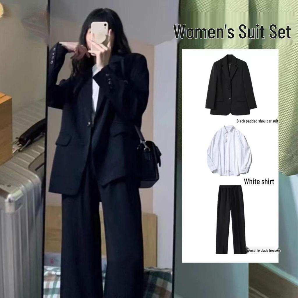 Women's Black Suit Set for Spring/Autumn 2026 - Casual, Fashionable, and Professional; Ideal for Interviews and College Students.