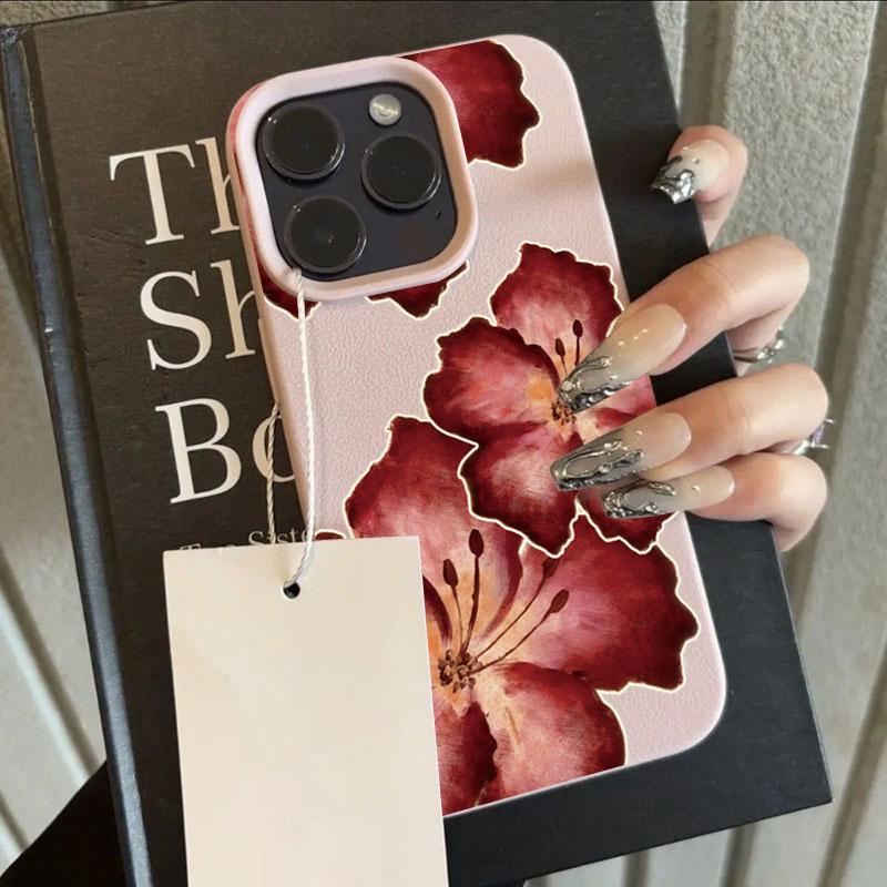 Lichee Pattern Elegant Red Hibiscus Flower Phone Case For IPhone 17 15 14 13 12 11 16 Pro Max  Air 15 Plus 16E Cover Soft Fundas