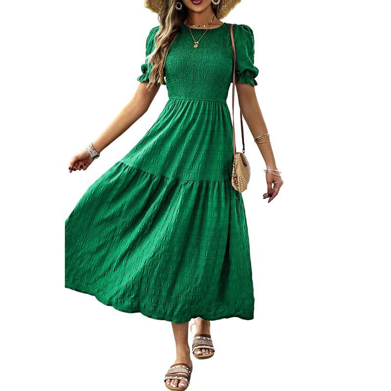 

American Shiying Temperament Solid Texture Short sleeve Dress Women 2025 Summer New High Waist A Word Long dress Green Size XL fit (70.00 kg-75.00 kg