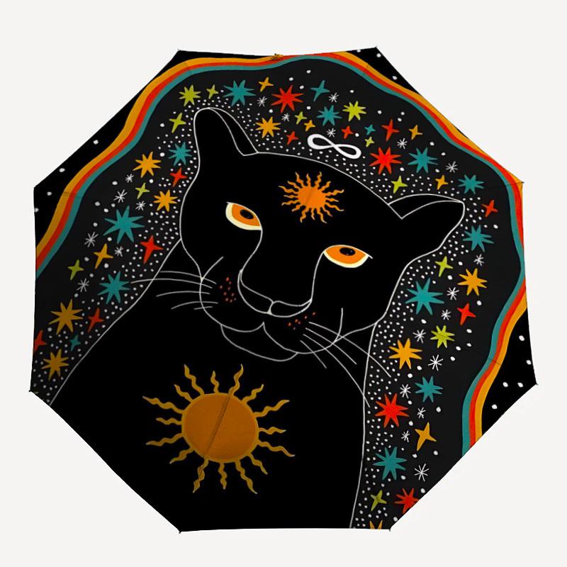 1pc Panther Cosmic Automatic Folding Umbrella - Compact 8-Rib Design, Durable Plastic & Iron, Lightweight for Outdoor Daily Use099