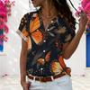 Women Plus Size Butterfly Printed Collared Short Sleeve Button Front Black Shirt
