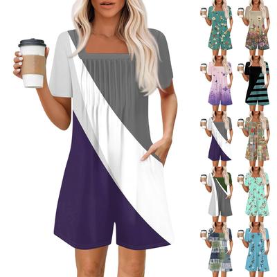 Women's Fashionable And Casual Short-sleeved Pleated Pocket Jumpsuit Printed Jumpsuit Shorts