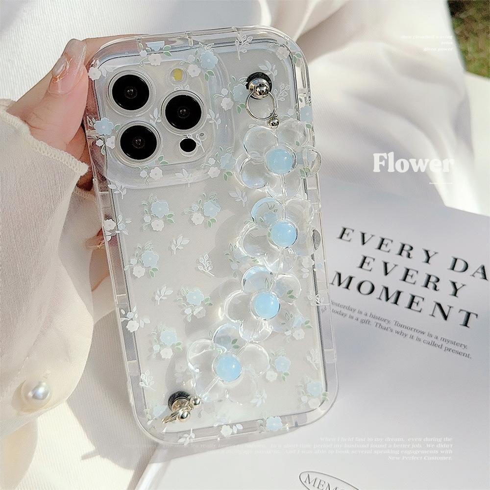 Summer Fresh Blue Floral Iphone14promax Apple 15 Mobile Phone Case 16 Suitable for 12 Transparent Lanyard