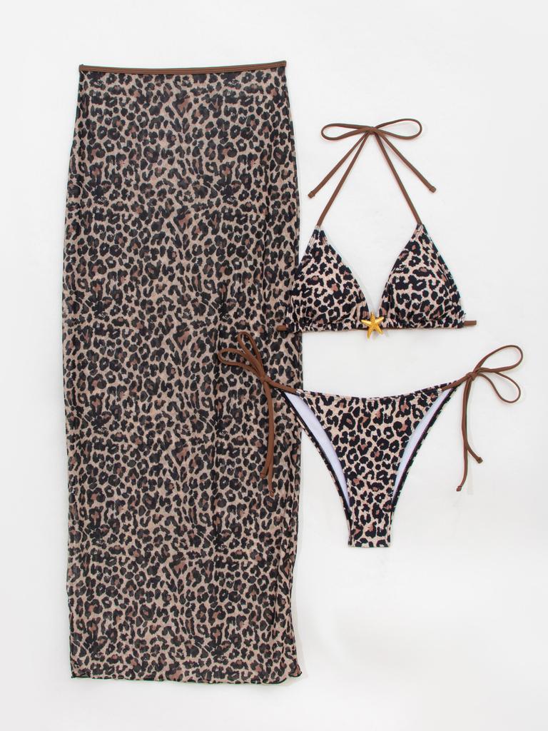 Damen Sexy Sommer Strand Halter Binde Seite String Unterteil Bikini Badeanzug mit Langem Überwurf Kleid, Modisches Bedrucktes 3-teiliges Badebekleidungs-Set