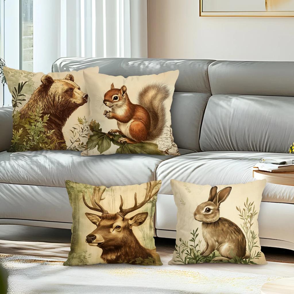 4 Pcs Forest Animal Retro Illustration Single-Sided Printed Pillowcase For Home Living Room Bedroom Car Decoration