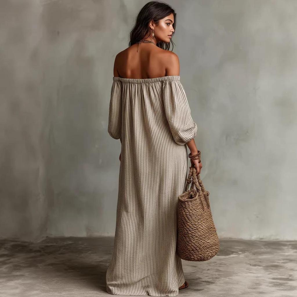 Available for 2026: New Spring Striped Off-Shoulder Dress for Women in Cotton and Linen - Perfect Vacation Style