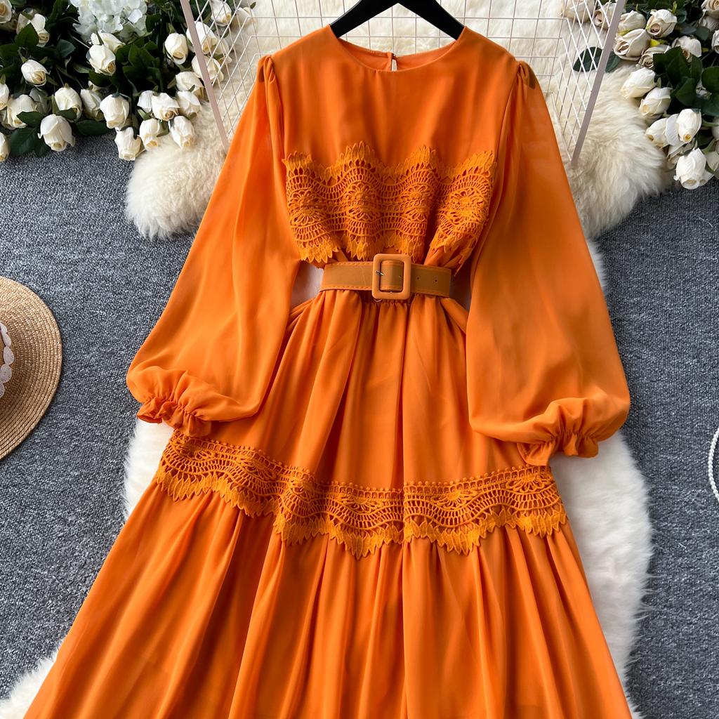 French O Neck Cut Out Lace PATCHWORK Lantern Sleeve Korean Fashion Dress Women's Summer Waist Sweet Dresses