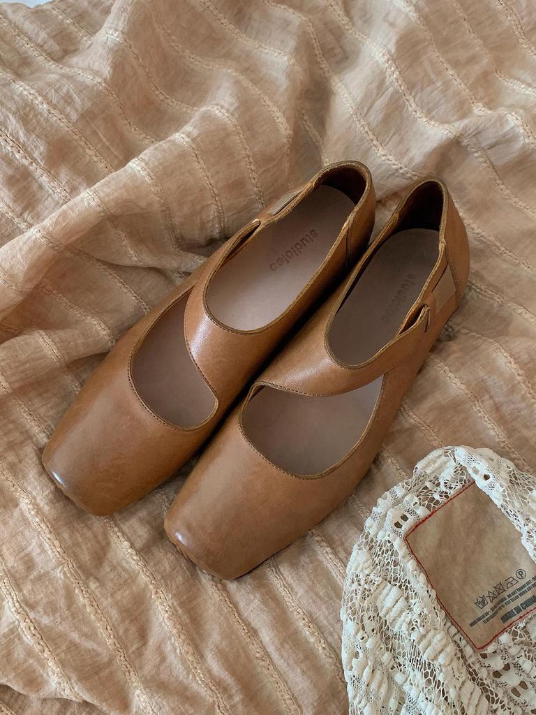 Grape Mom Studio Kadınlar için Yüksek Kaliteli At Derisi Kare Burun Kalın Topuk Deri Loafer - Sonbahar Stili