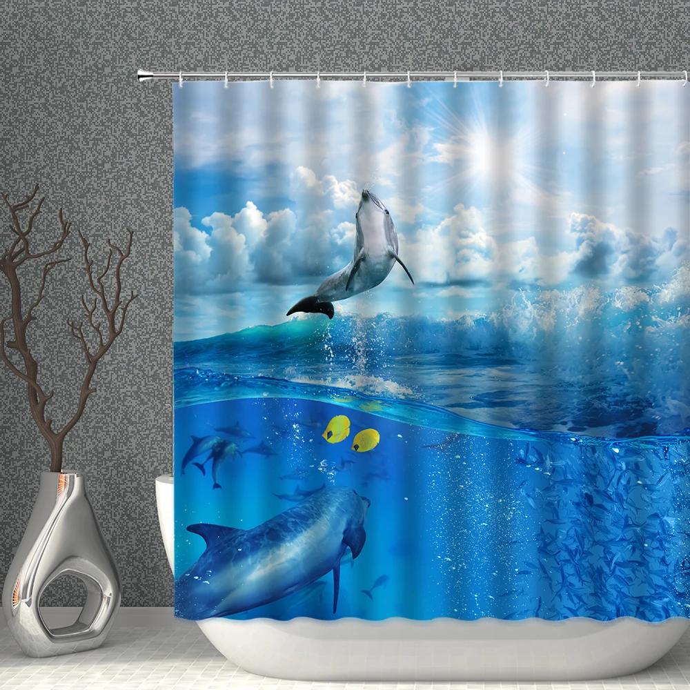 Marine Animal Underwater World Shower Curtain Waterproof Polyester Fabric Whale Dolphin Background Home Decoration With Hooks