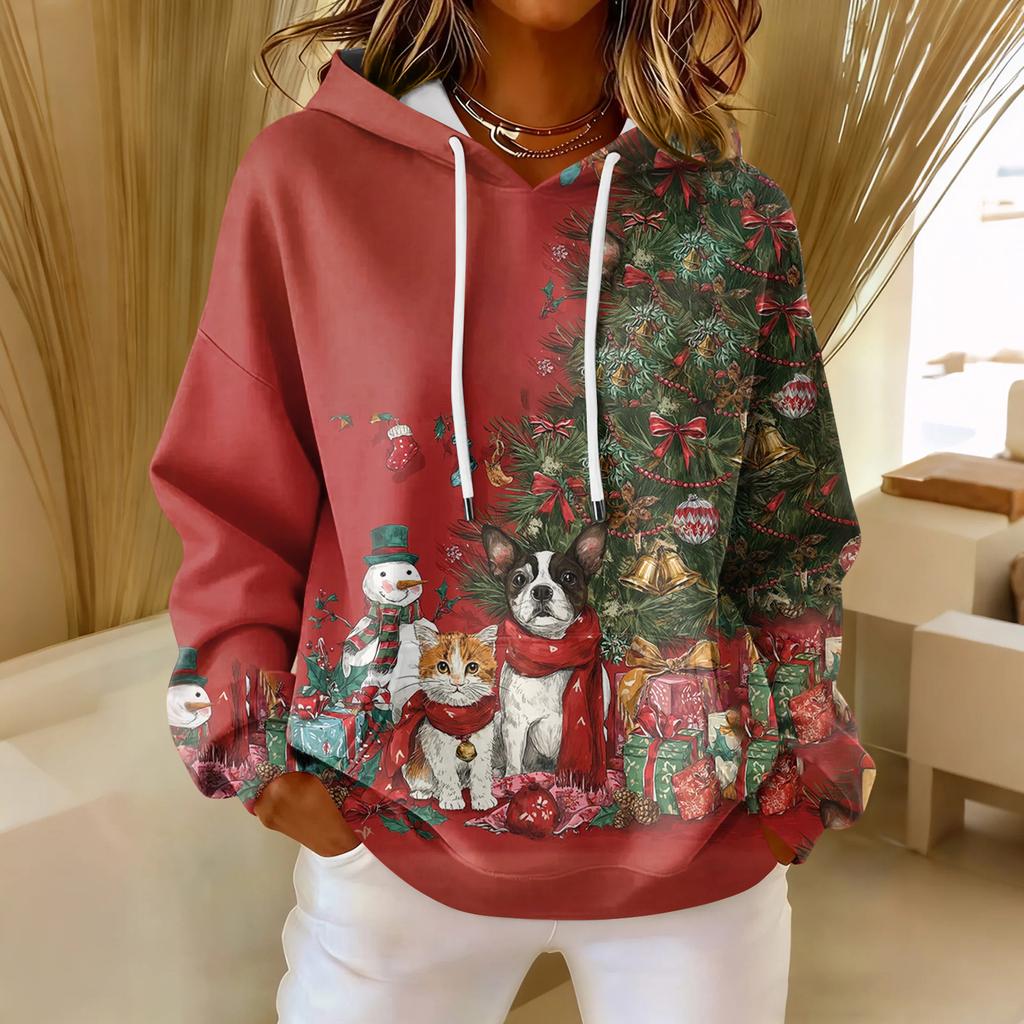 Women's Loose Comfortable Casual Fashion V-Neck Christmas Print Long Sleeve Hoodie
