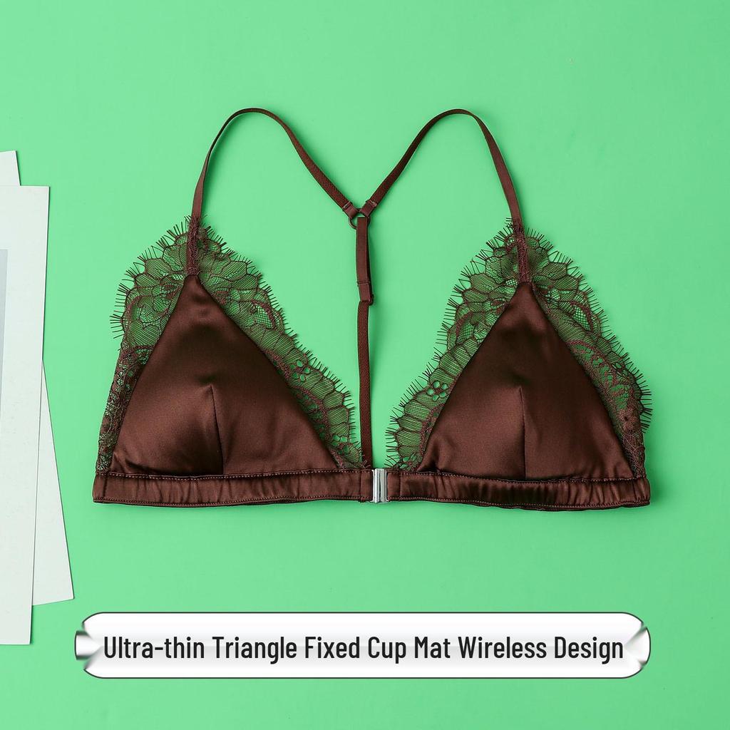 Women's Real Silk Satin Wireless Triangle Bra with Front Buckle and Beautiful Back Design