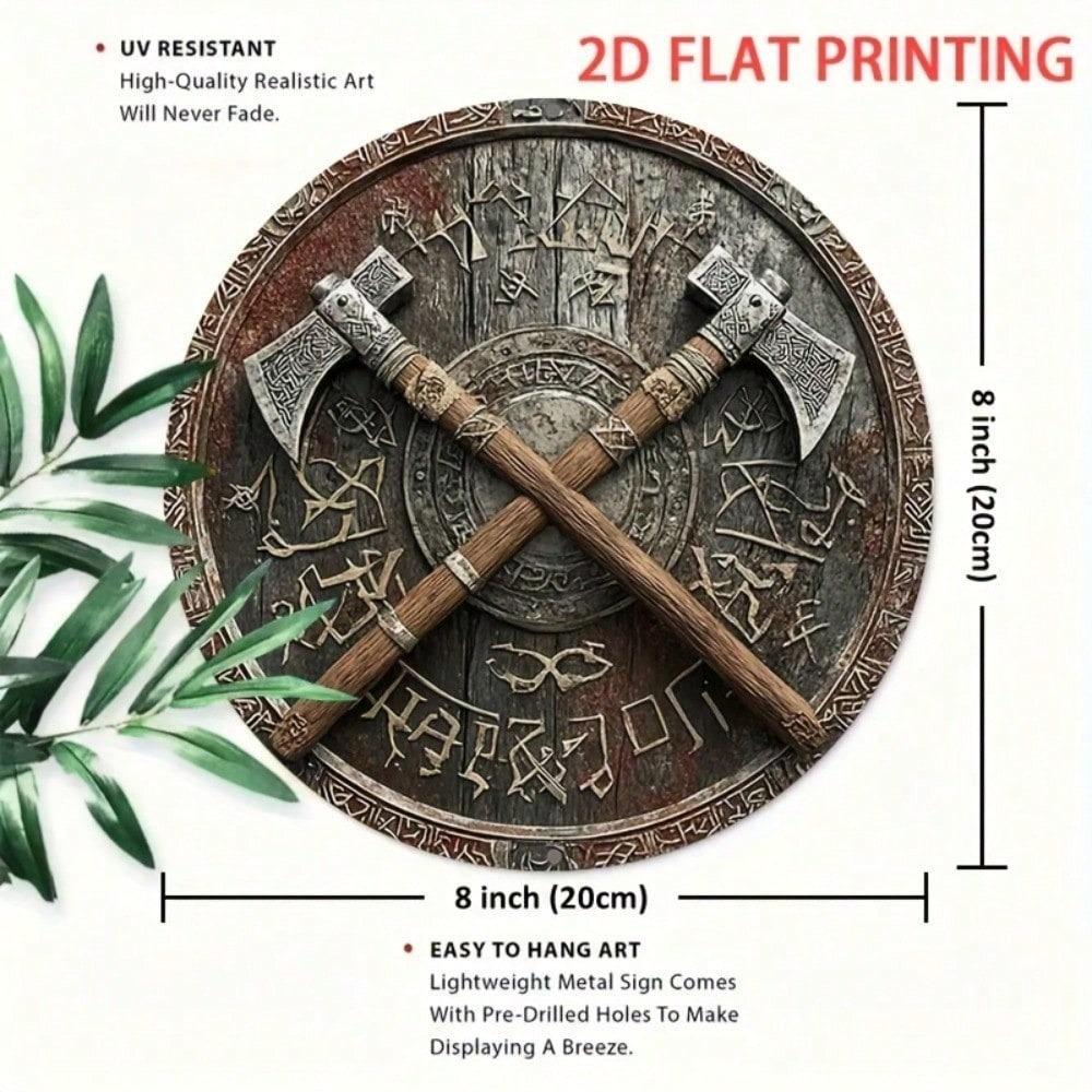 Scudo da Battaglia Vichingo Ascia Poster Metallico 8 Pollici Targhetta di Ferro Decorazione da Parete Robusta Rustica Segno Norreno