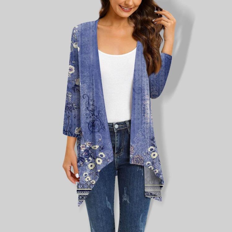 Women Cardigan Jacket With Pocket Three Quarter Sleeve Irregular Print