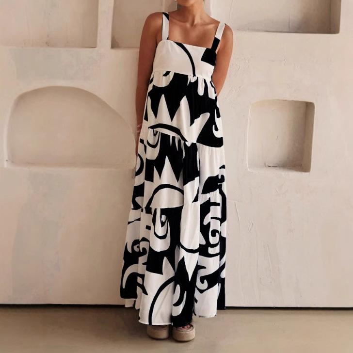 Womens Summer Boho Floral Dress Spaghetti Strap Square Neck Ruffle Casual Flowy A-Line Beach Swing Party Long Sundress Sleeveless Maxi Dress for Women