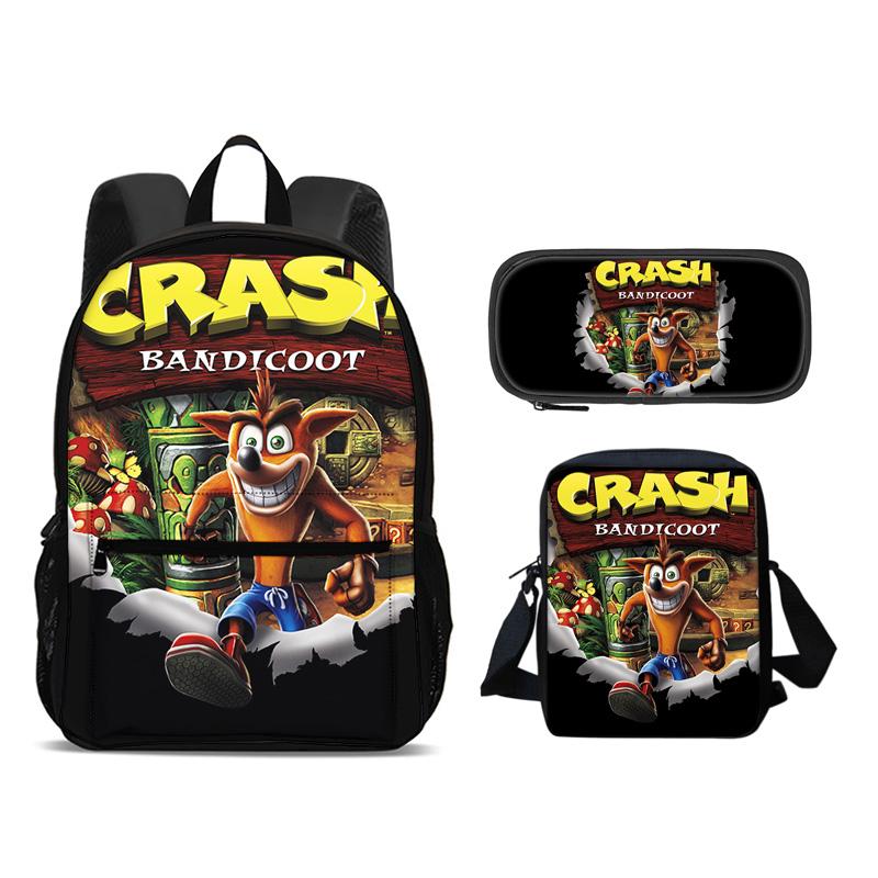 Crash Bandicoot backpack, pencil case, shoulder bag, 3Pcs Set, cartoon print, best school outdoor travel companion for students