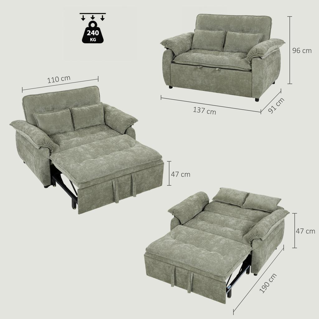 Convertible Sofa, 2-Seater, 3-in-1 Velvet Sofa Bed, 137 Cm, Adjustable Backrest, 2 Pillows, Green
