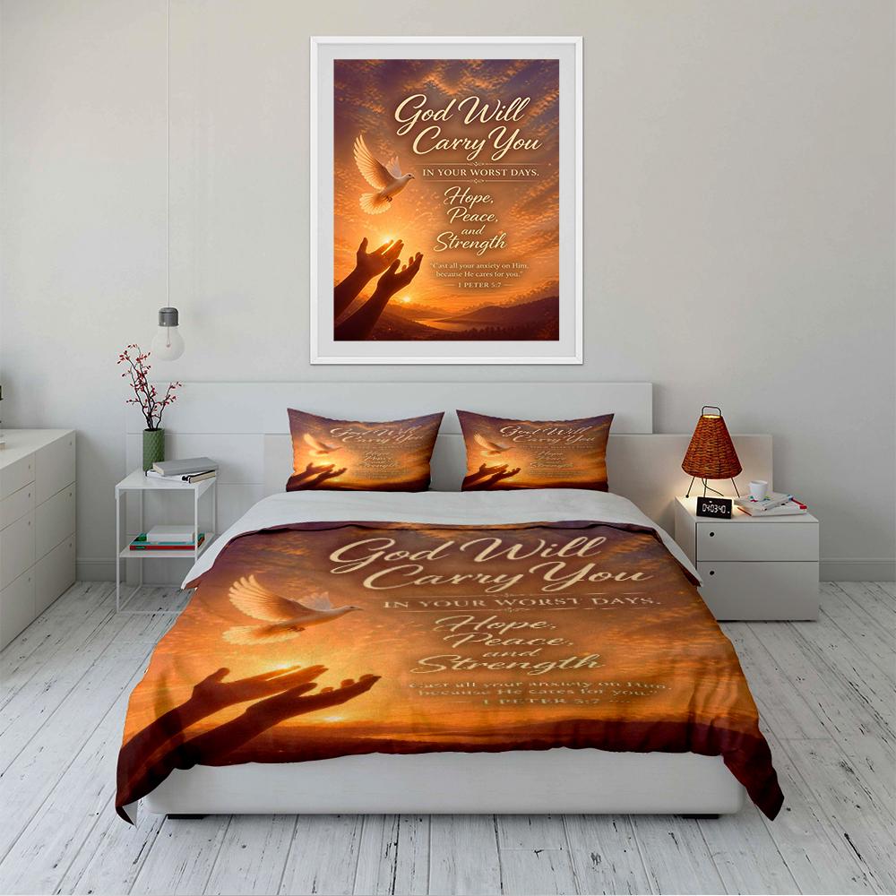 "God Will Carry You Spiritual Bedding Set" Bedding Set (1 Duvet Cover, 2 Pillowcases, Duvet Not Included)
