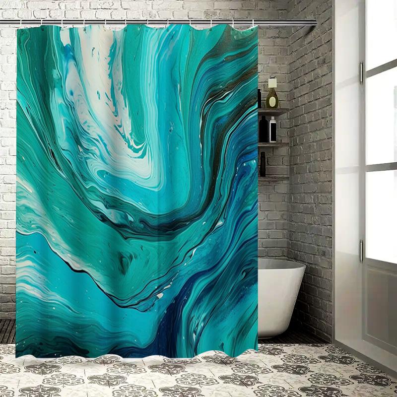 

Luxurious Waterfall Shower Curtain Bold Blue Green Marbled Design For Bathroom Decorations With Hooks Set Premium Waterproof Fab W60H190(CM)-1 Pcs