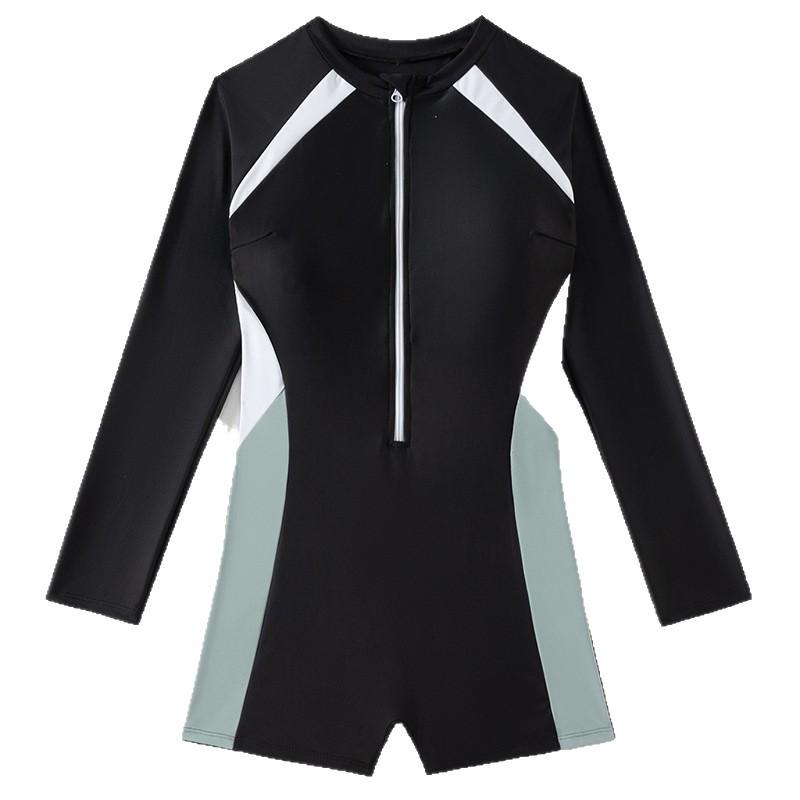 2026 European Slimming Color Block Long Sleeve Sun Protection One-Piece Swimsuit for Women