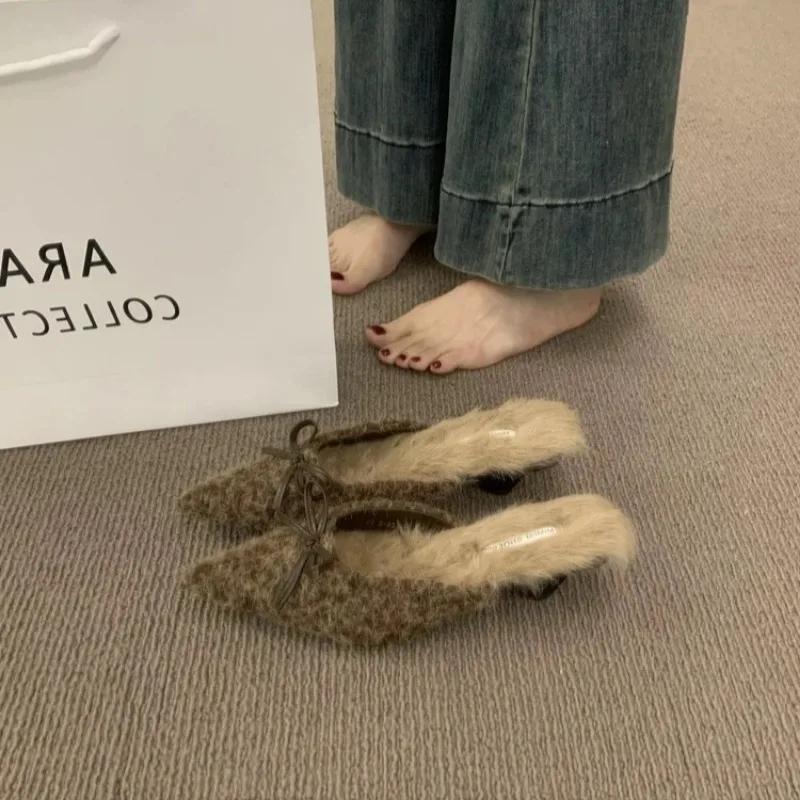 Fashion 2025 High Heel Plush Slides Woman Fashion Elegant Pointed Toe Lamb Hair Slippers Ladies Luxury Plush Evening Party Pump Shoes