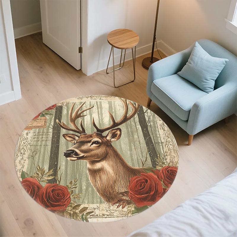 Vintage Rose Animals,Round Area Rug,Carpet Rug for Living Room Bedroom Sofa Playroom Decor,Non-slip Floor Mat