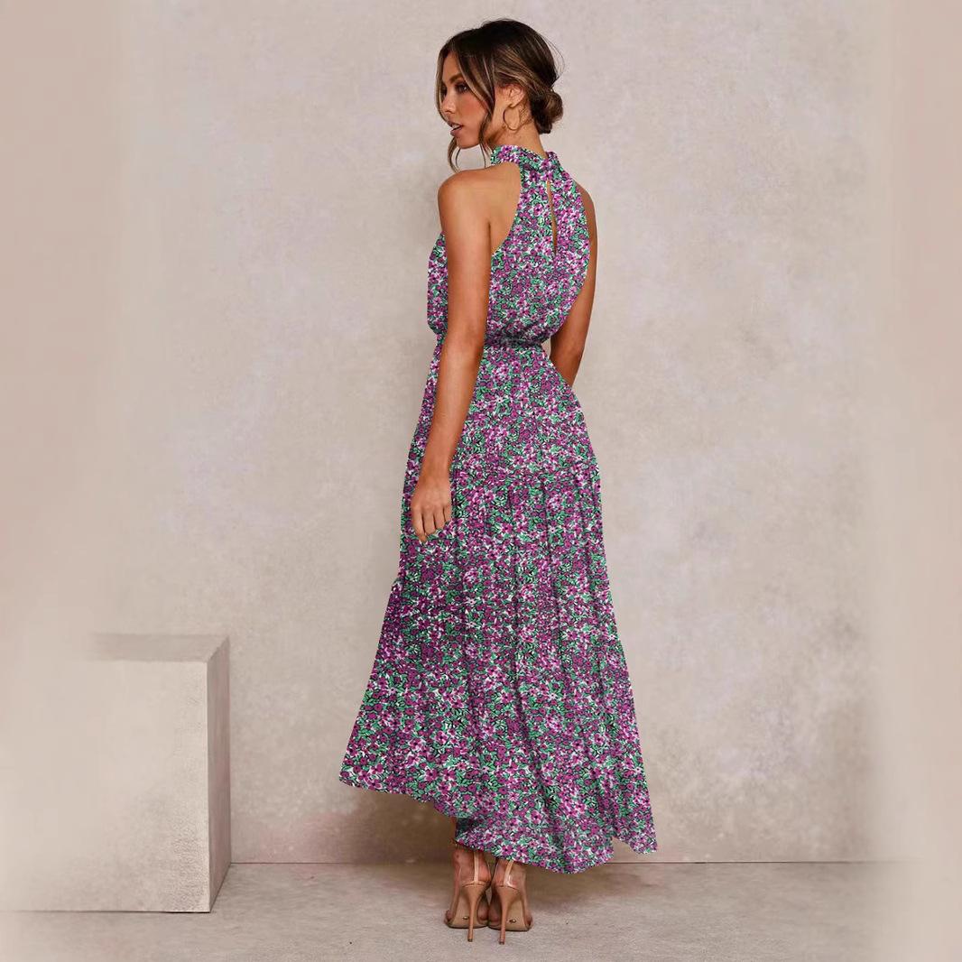 

Жіноча червона квіткова максі-сукня з бретелями на шиї та зав язкою на талії, елегантна літня сукня з бічним розрізом S синій