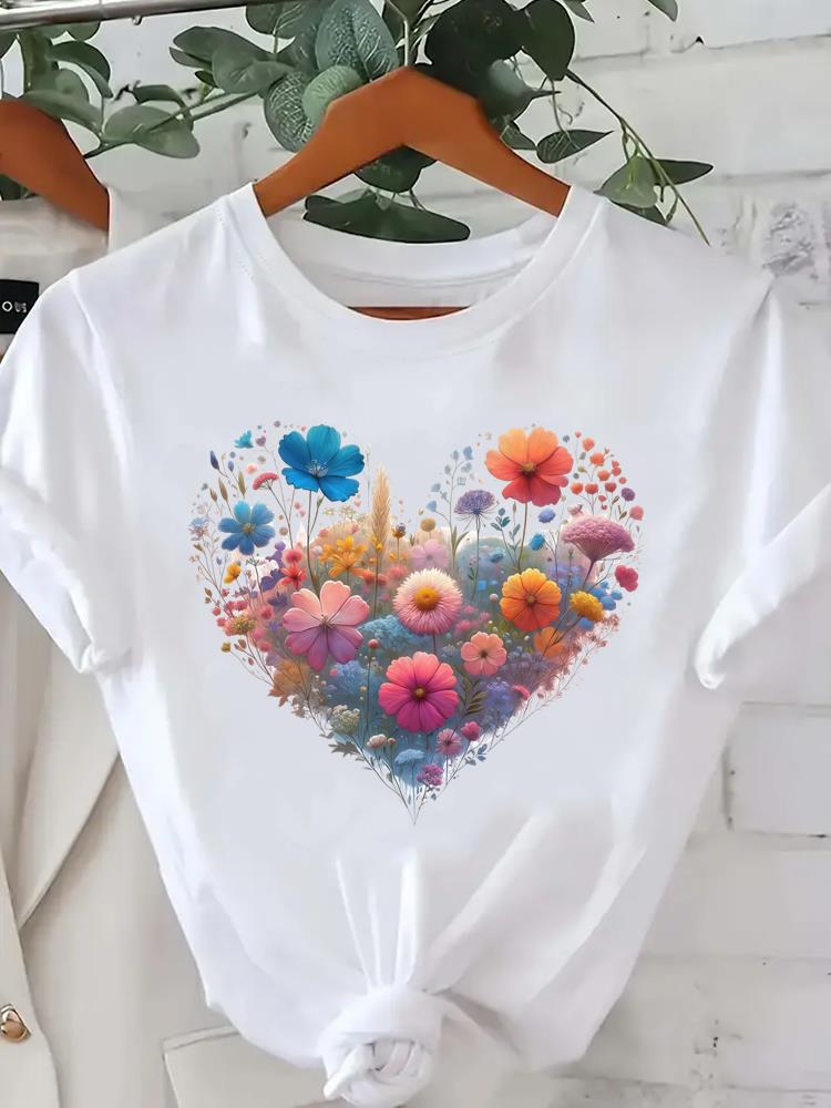 (Asian Size) Sweet Flower Cute Tee Clothing Lady Female Top Printed Women Casual T Shirt Fashion Graphic Short Sleeve T-shirts