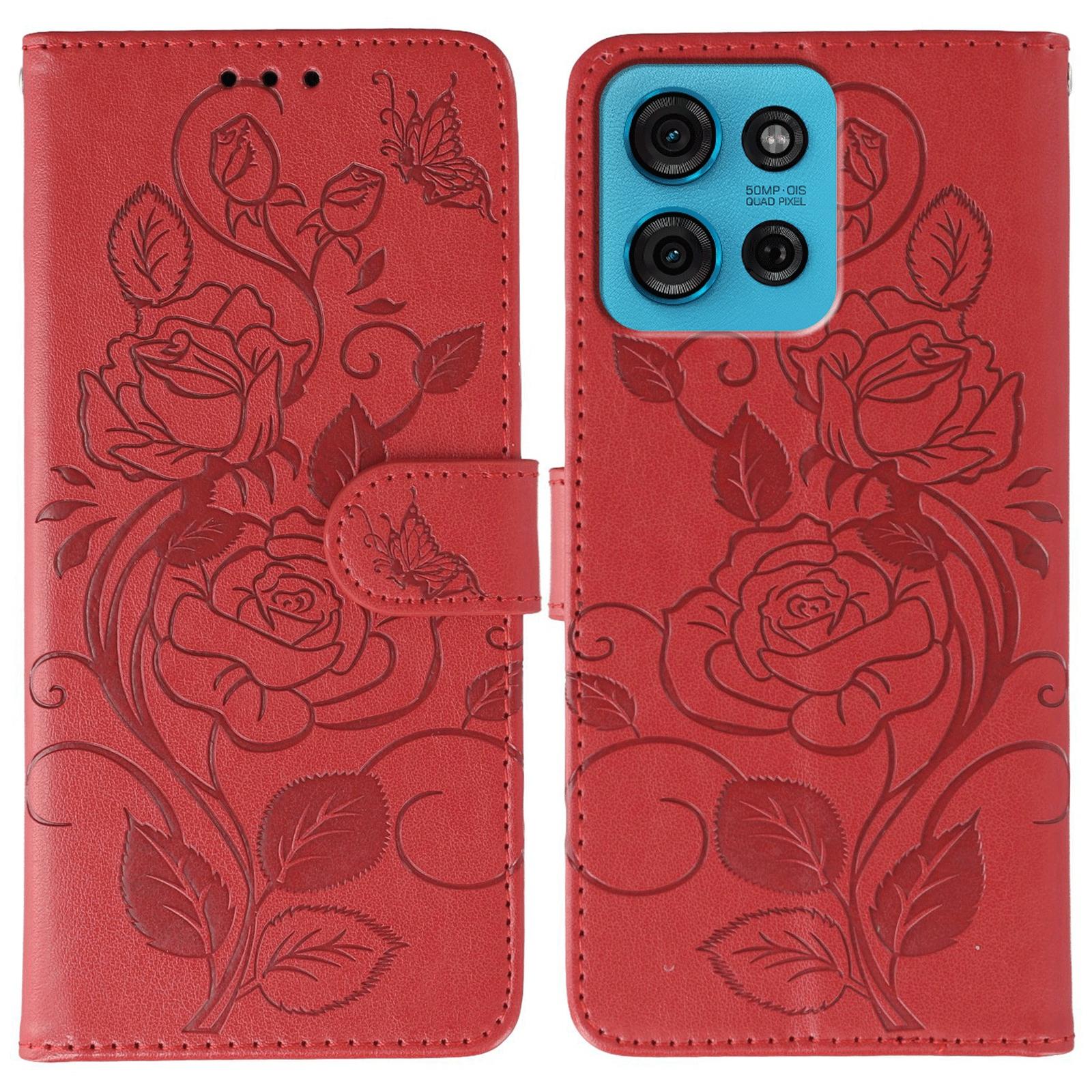 

Для Motorola Moto G75 5G Чохол Гаманець Підставка З Тисненням Троянда Метелик Шкірзамінник Чохол для Телефону Red