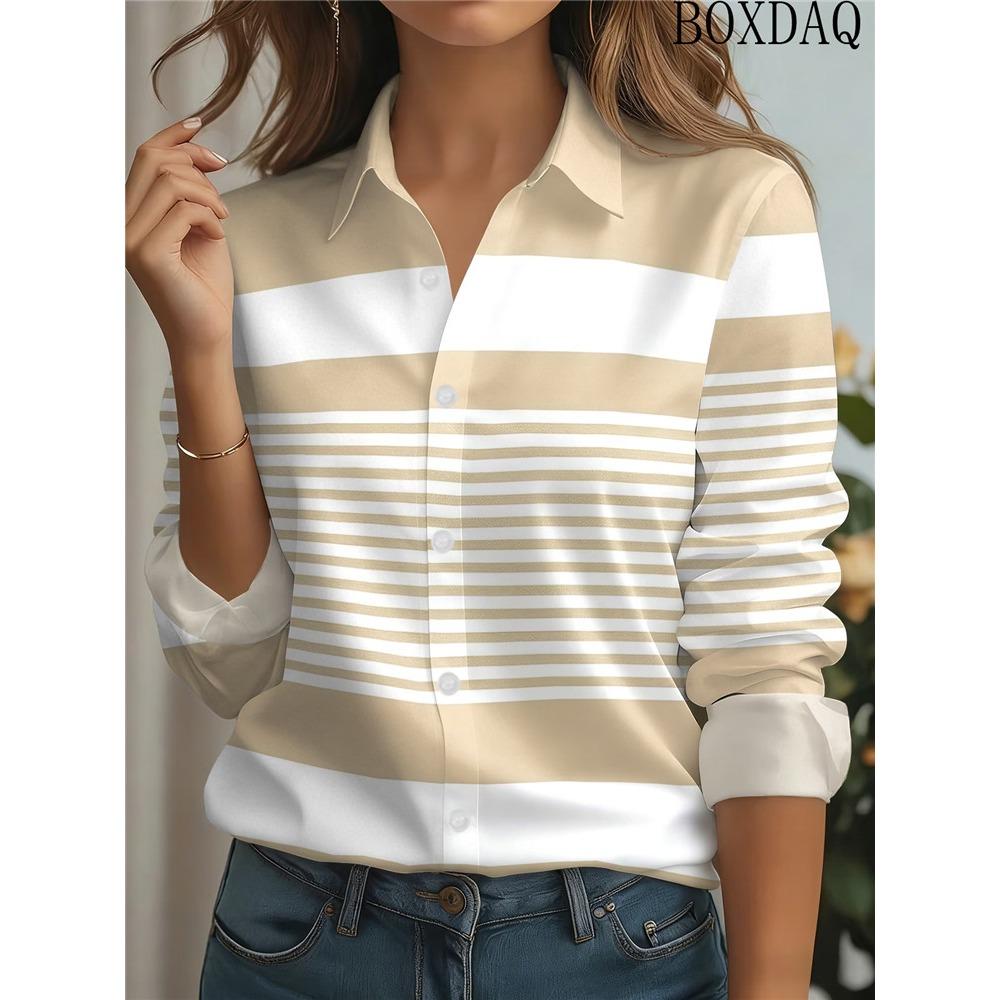 Casual Fashion Stripe Pattern Printed Women's Shirts 2026 Long Sleeve Lapel Button Loose Daily Blouse