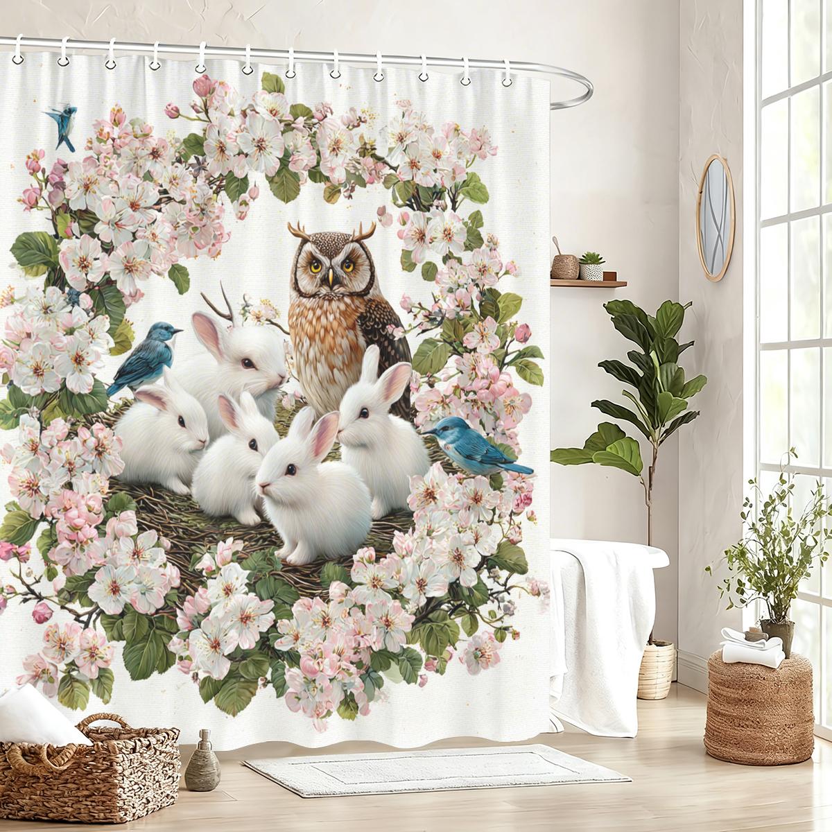 

Cute Animal & Floral Pattern Polyester Shower Curtain - Adorable Bathroom Decor, Lovely Bathtub Partition For Home W60H190(CM)-1 Pcs