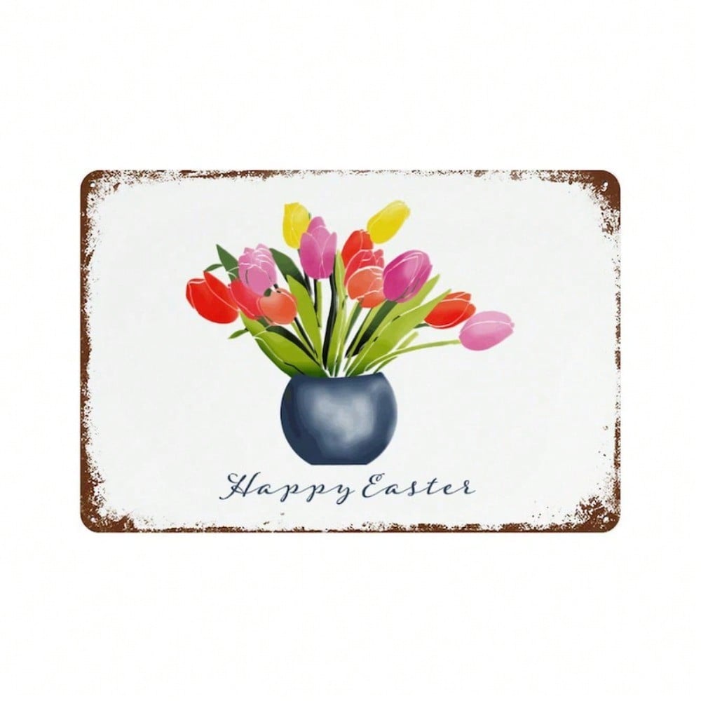 Planetjuice Vintage Tin Sign Rusted Metal Wall Decor Easter Spring Tulips Garden Home Hanging Art