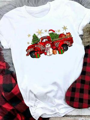 (Asian Size) Style Cartoon Cute Merry Christmas Tee Top Festival New Year Holiday Casual Lady Short Sleeve Fashion Women Print Graphic T-shirts