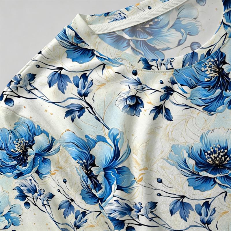 Women's Urban Minimalist Blue White Floral T-Shirts Loose Fit Soft Tops for Daily Casual & Dating Wear