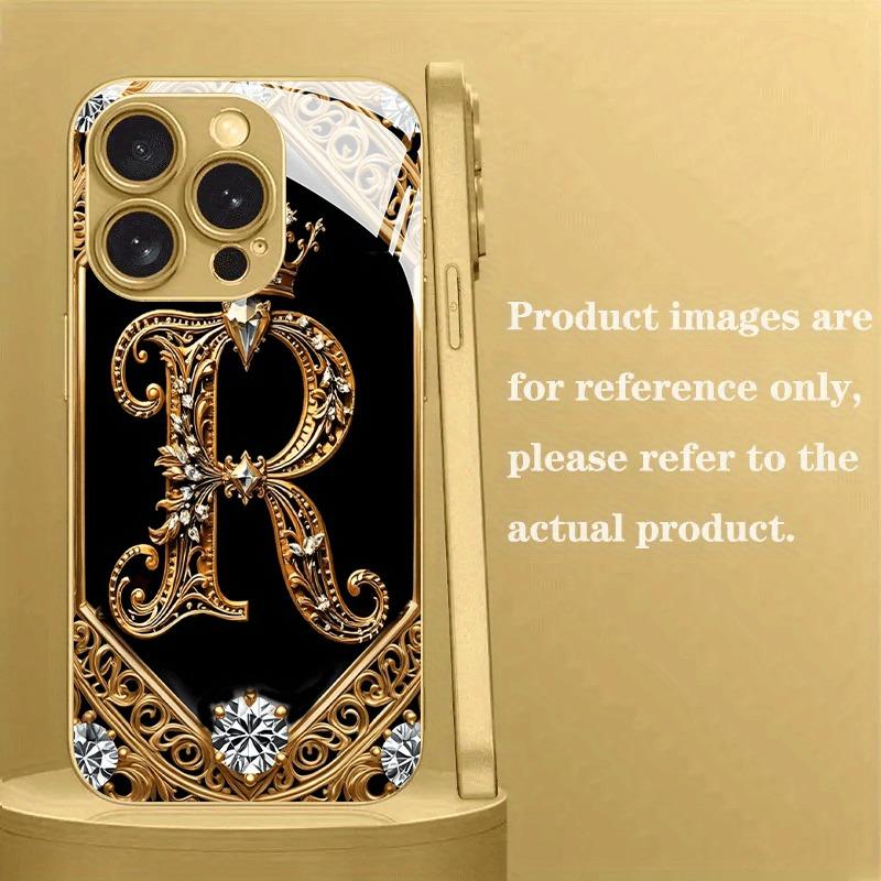 Creatieve Elegante Letter R Goud Metallic Verf Glas Telefoonhoesje Voor iPhone 17 16 15 14 13 12 11 Pro Max 14 Plus 17 Air 16E Cover
