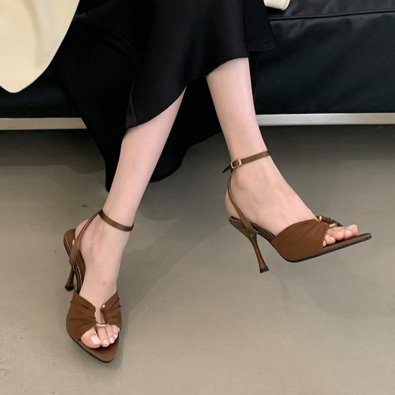 Fashion Beautiful Temperament and Fashion One-word Buckle Strap Sandals Women's Summer New Pointed Toe Open-toe Roman High Heels