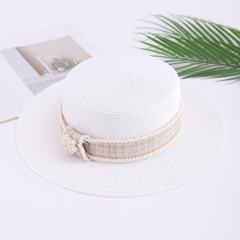 Summer Xiaoxiangfeng Flat Top Hat Ladies Elegant Pearl Rhinestone Sunshade Sunscreen Hat Travel Fashion Straw Hat Pearl