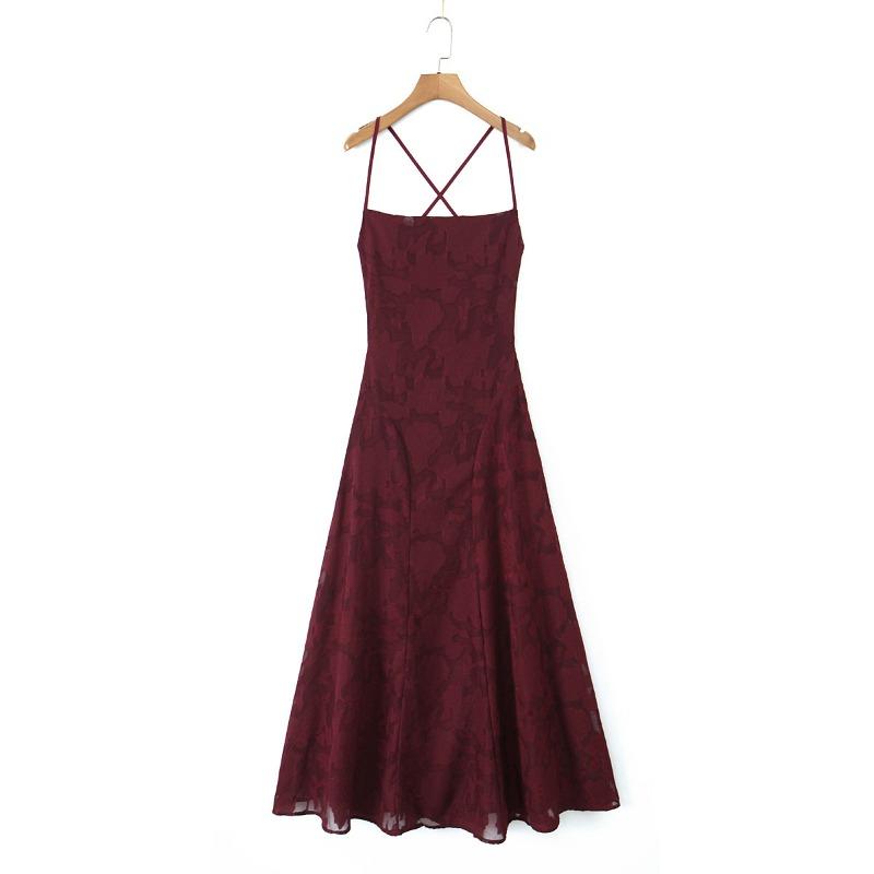 Women's Jacquard Sexy Slim Sling Dress Halter Strap Design Long Dress