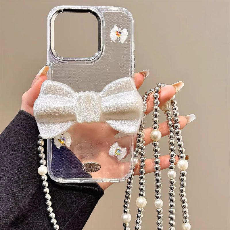 3D Glitter Bow Back Clip Phone Case for IPhone 16 Pro Crossbody Chain Strap for Apple 15 Diamond X