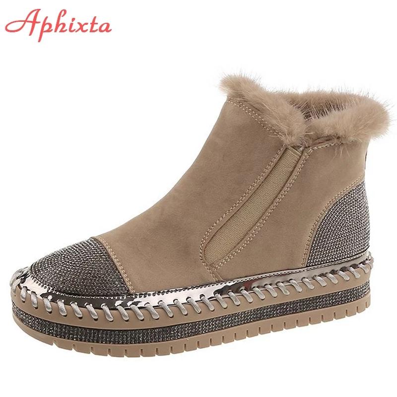 Fashion Aphixta Real Hair Warm Winter Crystals Shoes Woman Elastic Band Couple Chunky Sole Platform Big Size 44 Waterproof Ankle Boots
