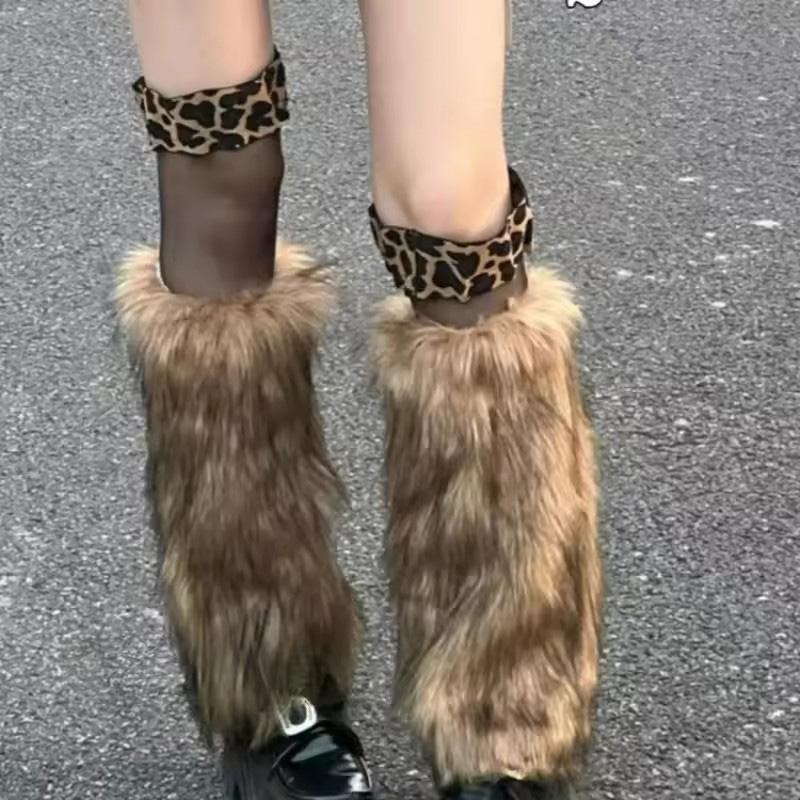 Korean Vintage Faux Fur Leg Warmers Winter Warm Furry Boots Cover Women Long Boot Socks Lolita Jk Punk Hiphop Cosplay Decoration