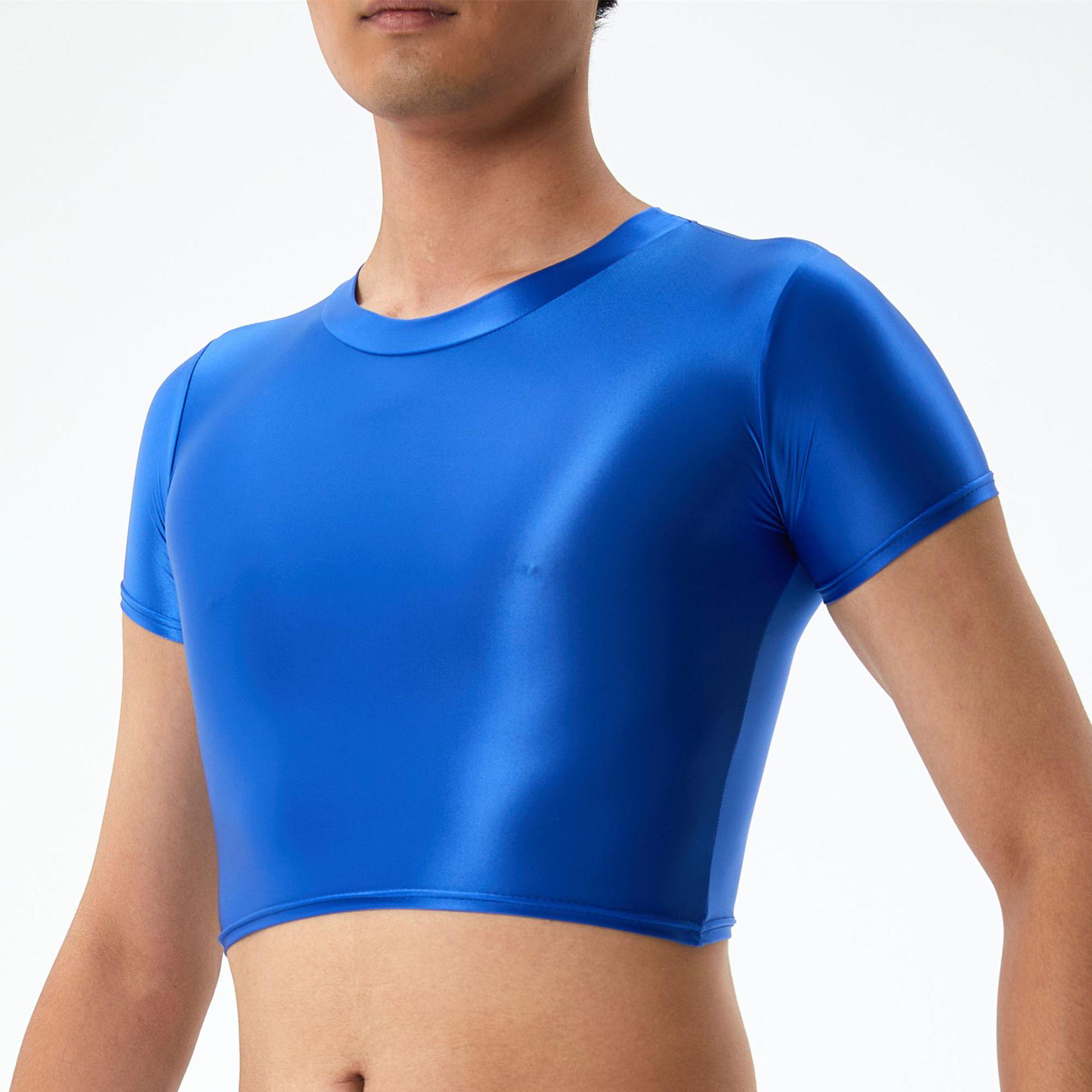 

European-American Unisex Plus Size Shiny Short Breathable See-Through Fitness Top Extra Large синій