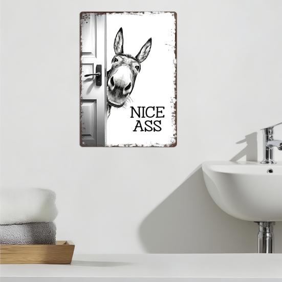 Rustic Farmhouse Bathroom Signs Funny Wall Sign, Vintage Metal Humorous Highland Cow Donkey Sign Art, 12" X 8" for Restroom Washroom Decor Decorative