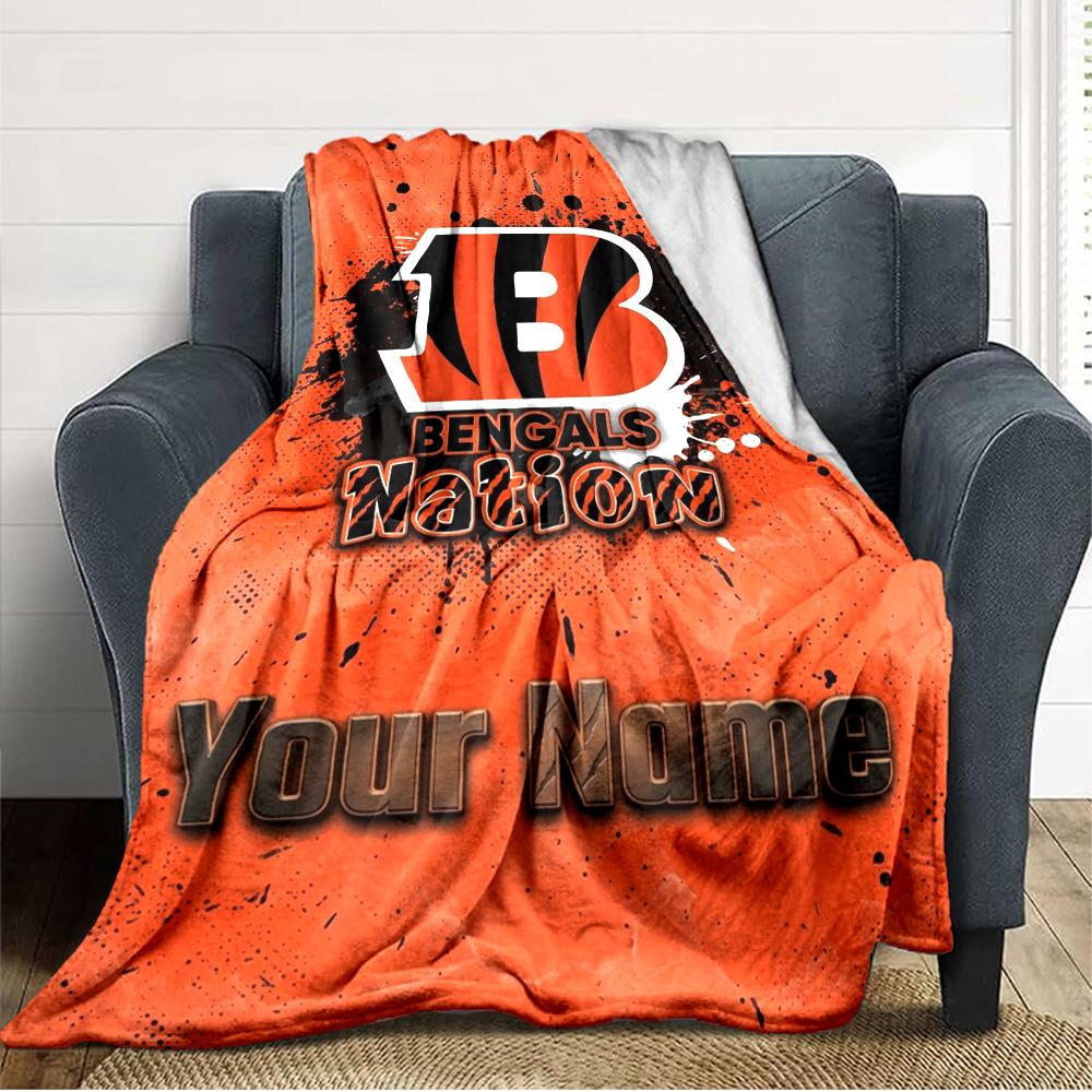 Name Custom Cincinnati Bengals Logo Print Flannel Blanket High Quality Warm Comfortable Cover for All Seasons Perfect for Gifts Home Decor