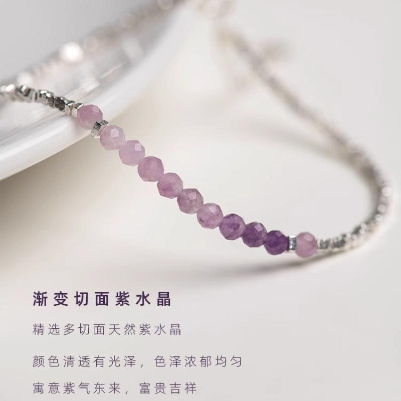 Amethyst und Silber Armband, ultrafeines Sterling Silber gestapeltes Armband, lila Kristallperlen, exquisit und elegant für Frauen