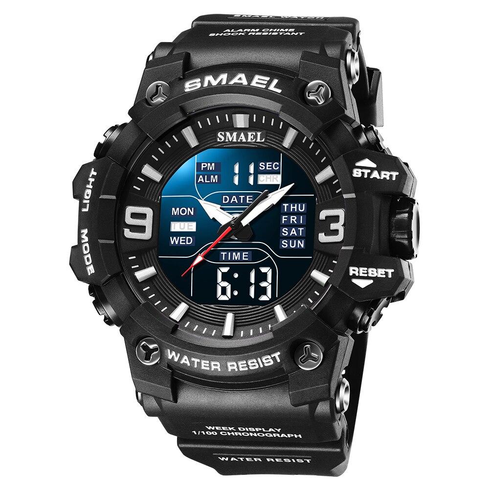 SMAEL Heren Dubbele Display Horloges Sport Waterdicht LED Licht Wekker Dubbele Tijdweergave Week Automatische Datum Polshorloges 8049 Sport Polshorloge