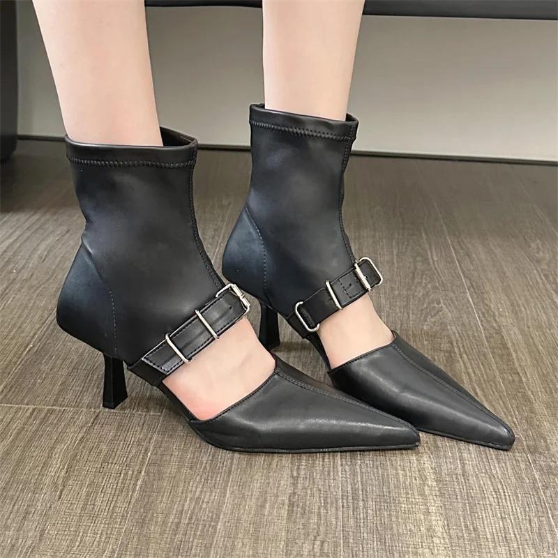 Eilyken Street Design Belt Buckle Hollow Out Women Ankle Boots Sandals Pointed Toe Thin Low Heels Ladies Shoes