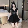 Summer new sexy Spice Girl collar show chest mesh splicing small black dress waist short sleeve big swing dress