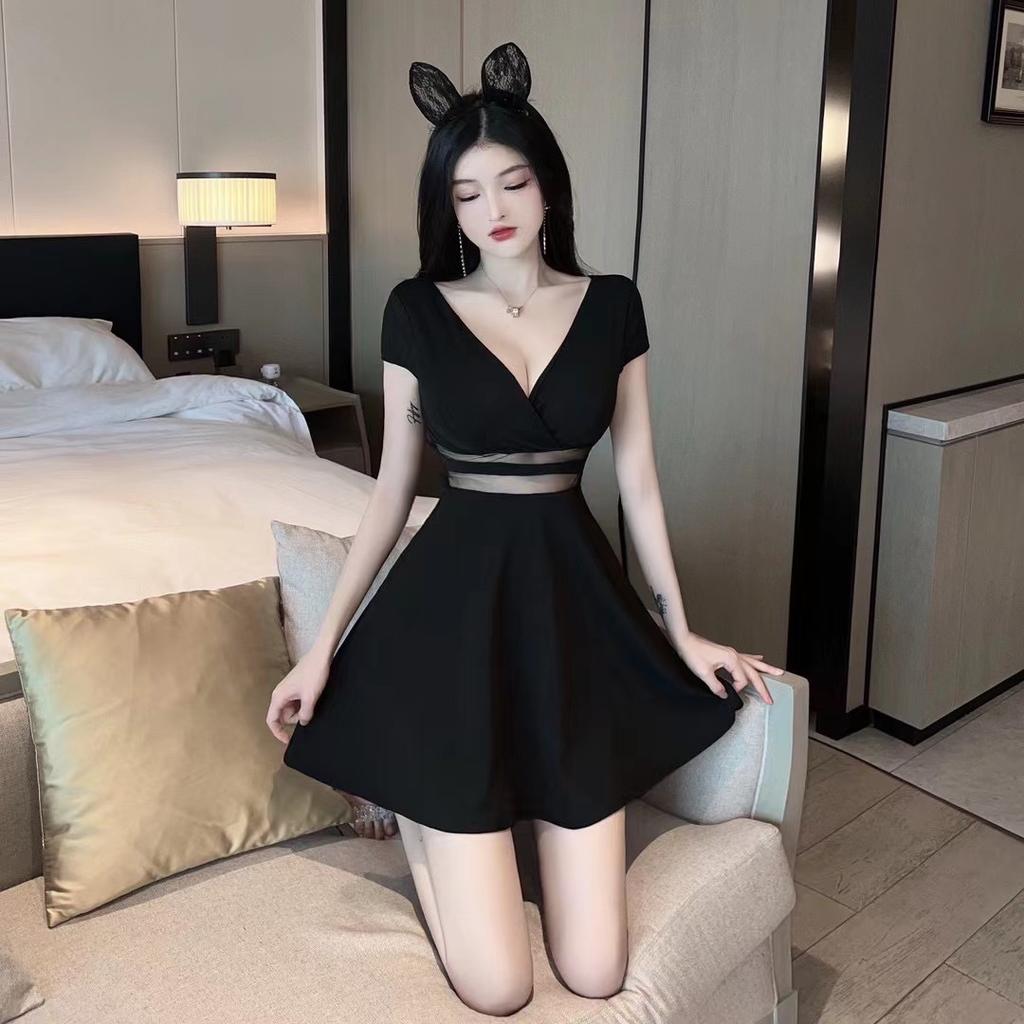 Summer new sexy Spice Girl collar show chest mesh splicing small black dress waist short sleeve big swing dress
