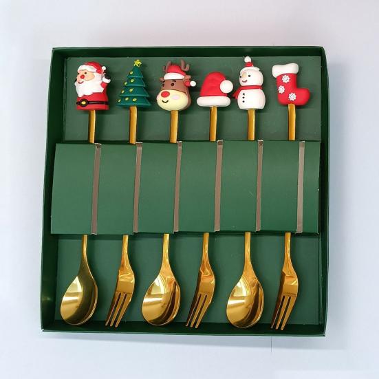 Nerezová vánoční sada lžiček s motivem stromku, Santa Clause a hvězdy, lžičky na míchání kávy, slavnostní kuchyňské náčiní s dárkovou krabičkou